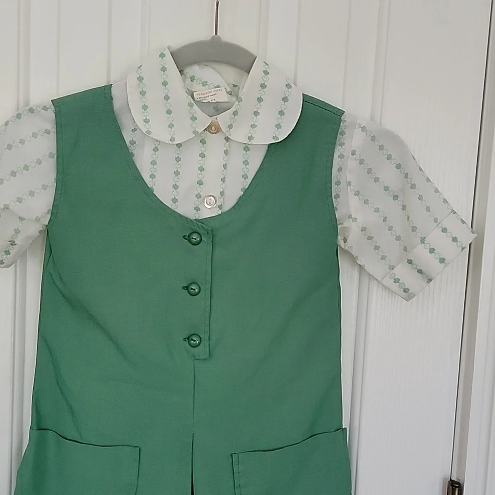 VINTAGE GIRL SCOUTS JUMPER DRESS SHIRT GREEN SIZE 7 8 GIRLS